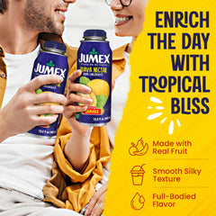 Jumex bottle next to hand for size comparison and portable convenience