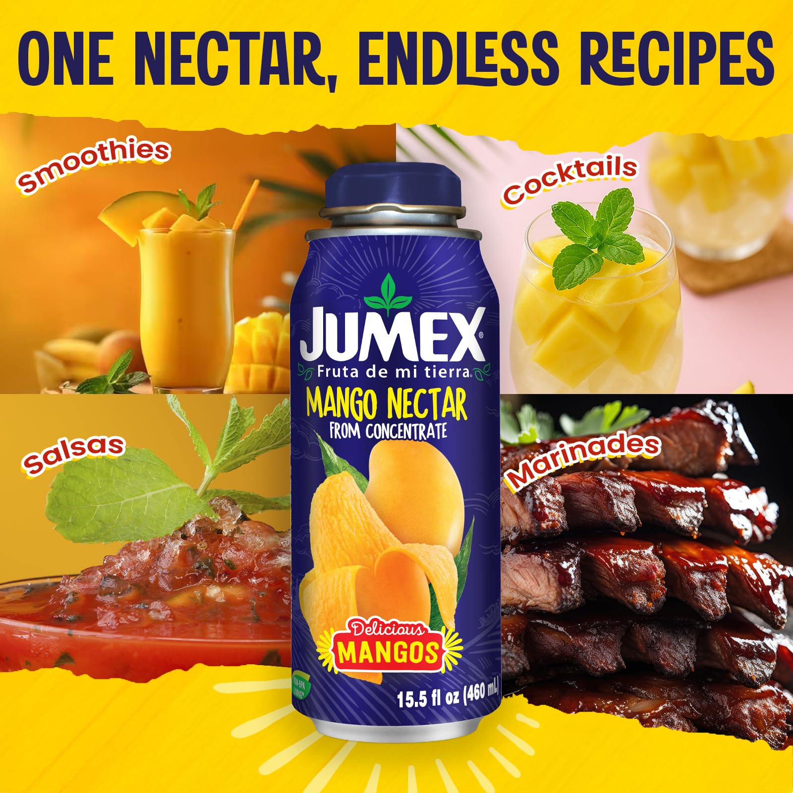 jumex bottle beside a soda can showing 15.5oz size and travel-friendly volume
