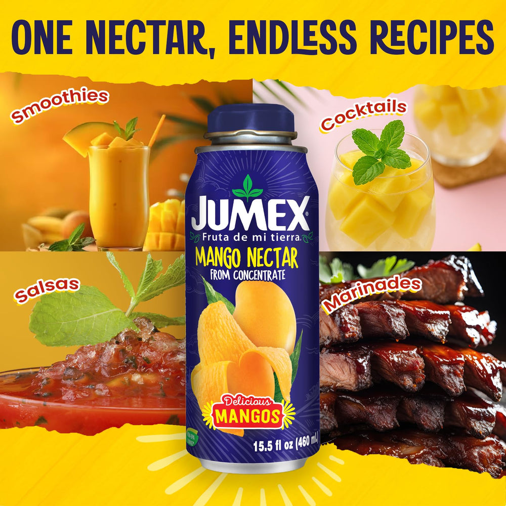 jumex bottle beside a soda can showing 15.5oz size and travel-friendly volume