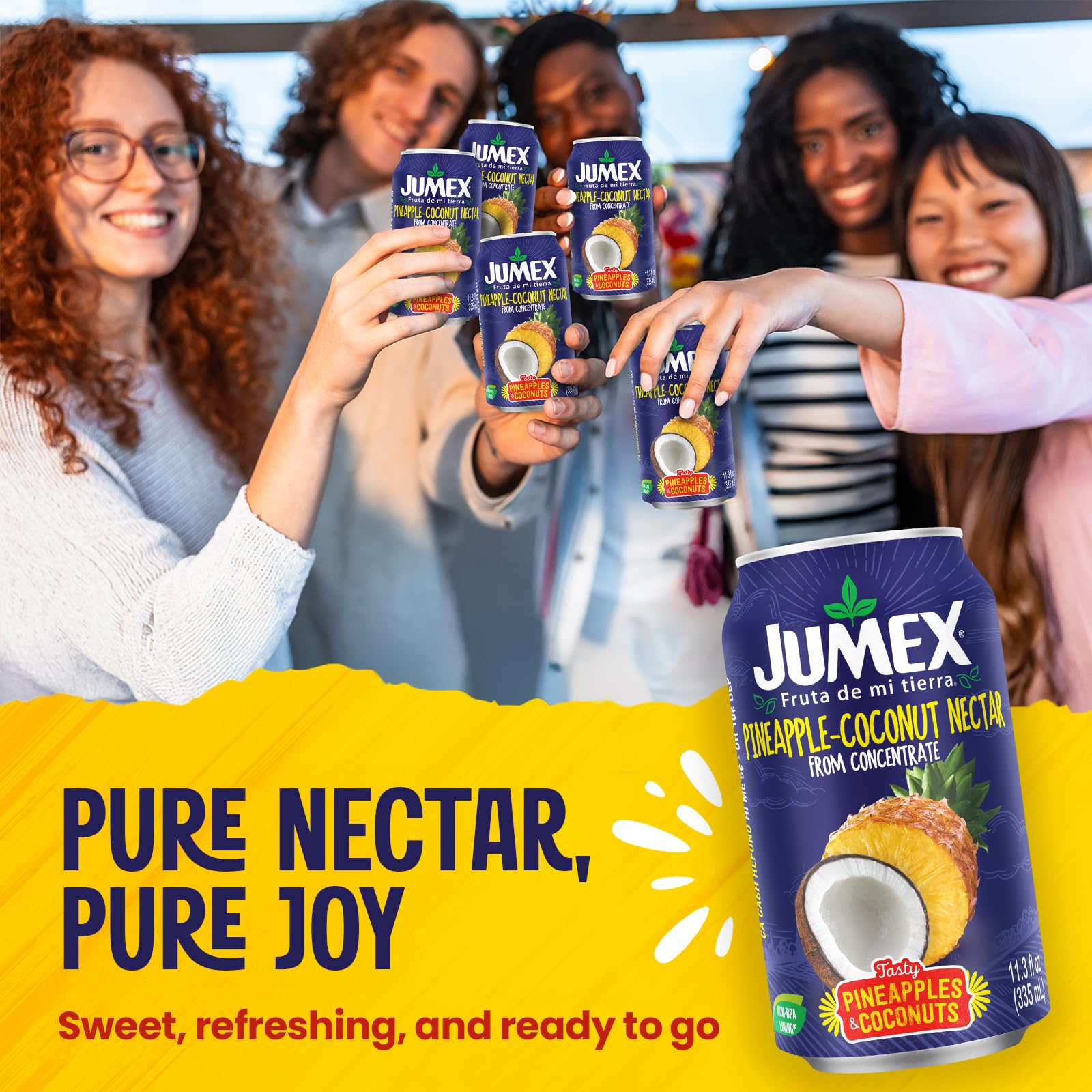 Jumex close-up pour showing thick nectar texture and vibrant color benefit