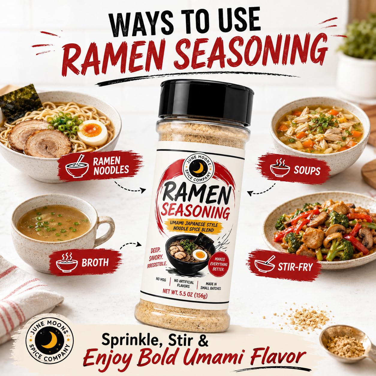 June Moon being poured over ramen bowl to add flavor and instant depth