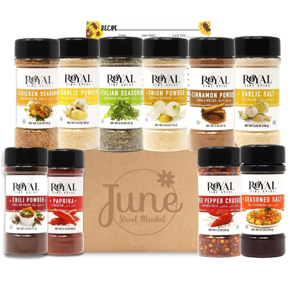 June Street Market front packaging showing boxed 10-piece spice set and gift-ready presentation