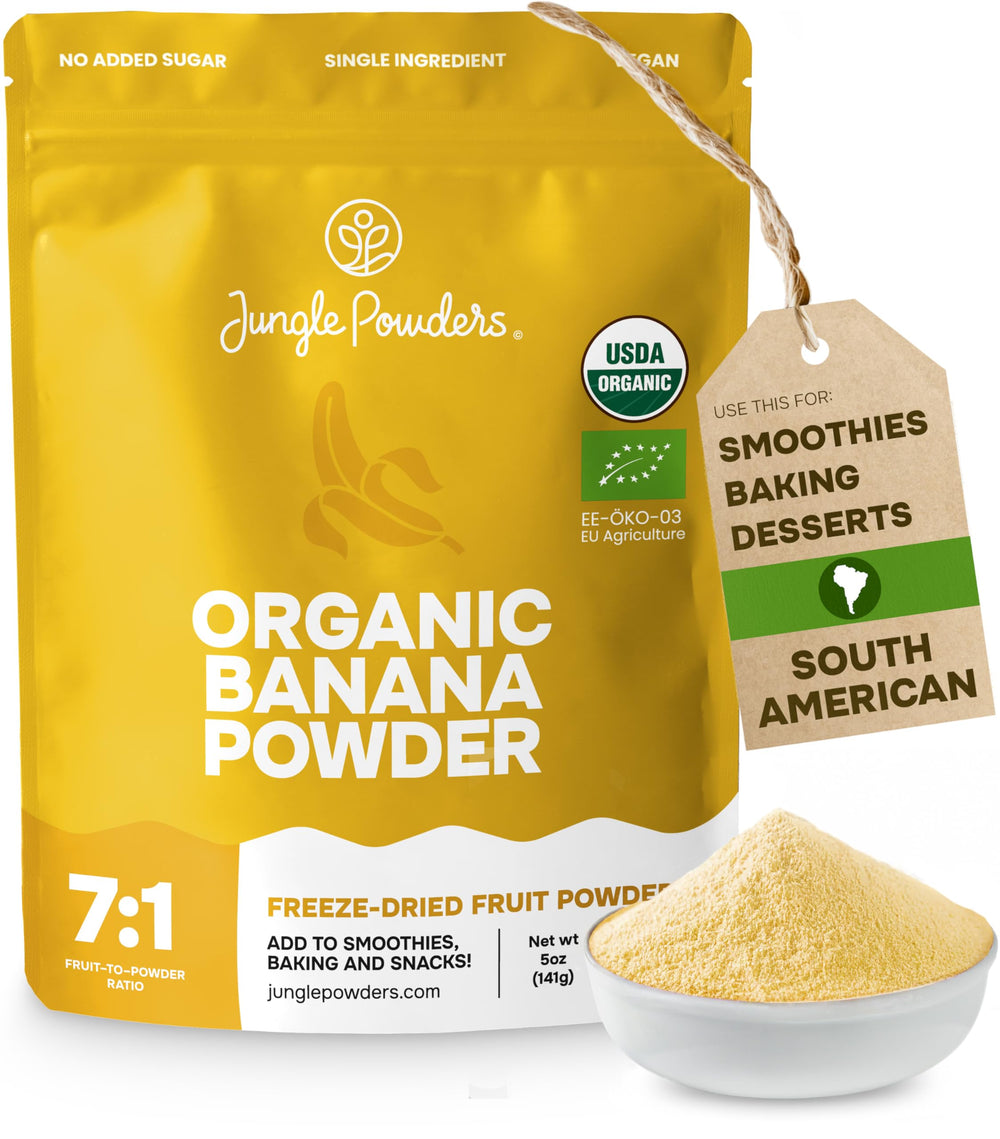 Jungle Powders front packaging showing 5 oz organic banana powder and resealable bag benefits