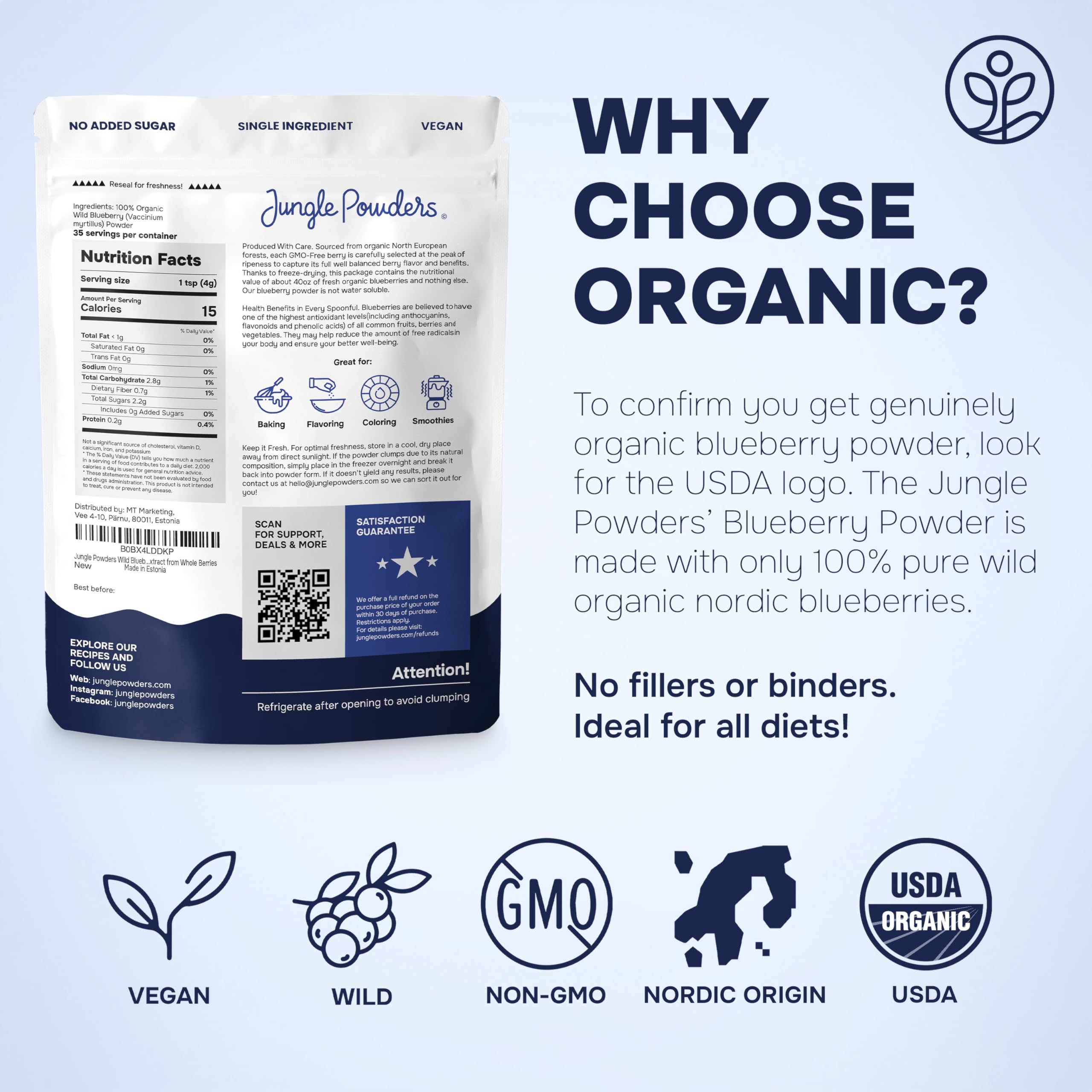 Jungle Powders label and organic certifications pictured for trust and third-party testing