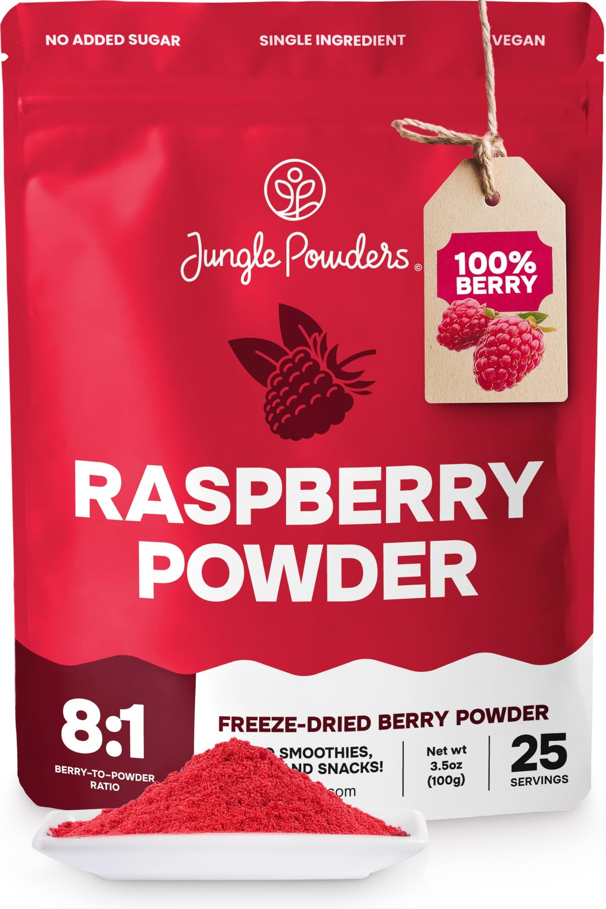 Jungle Powders front packaging showing 3.5 oz raspberry powder for pantry convenience
