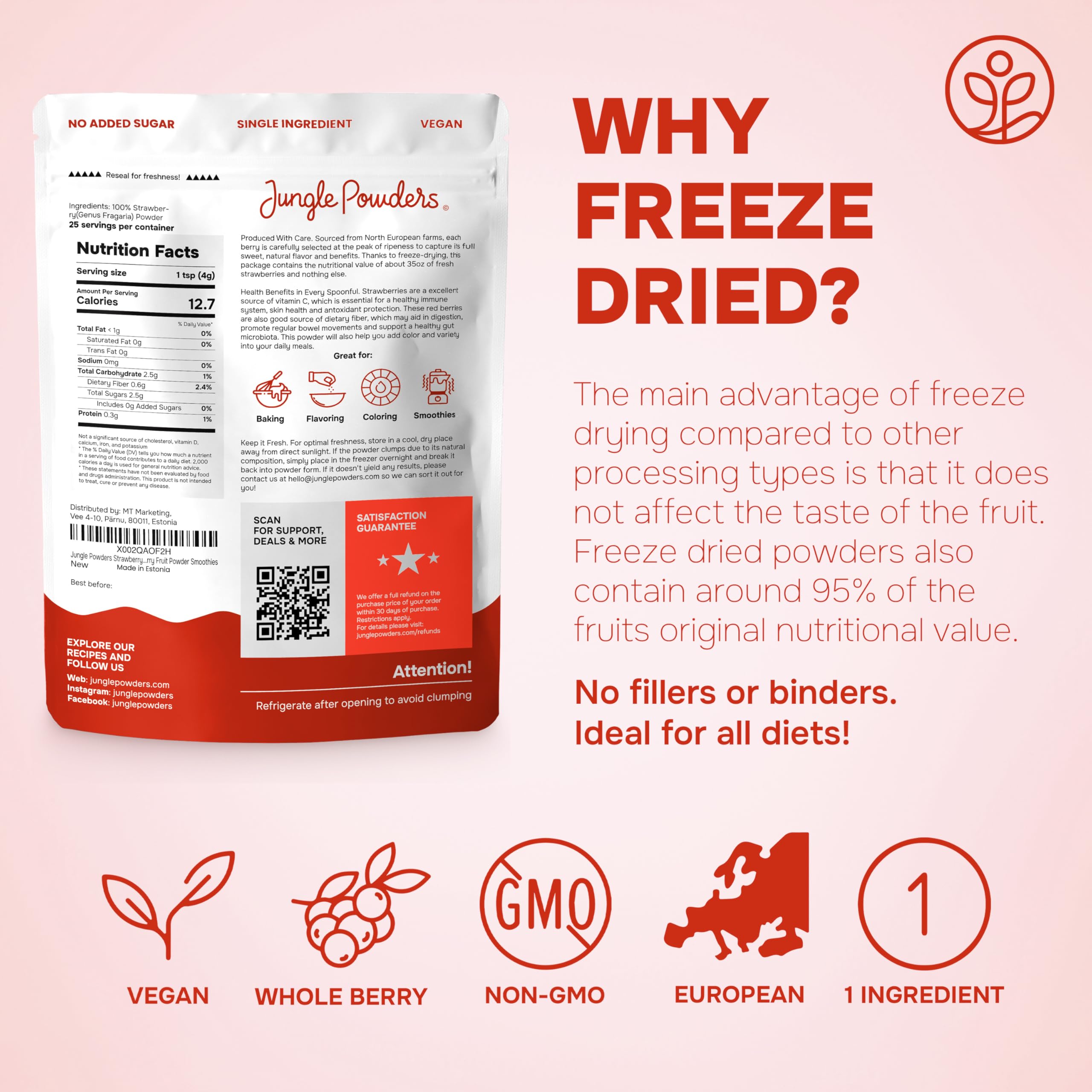 Jungle Powders beside fresh strawberries illustrating compact concentrated benefit