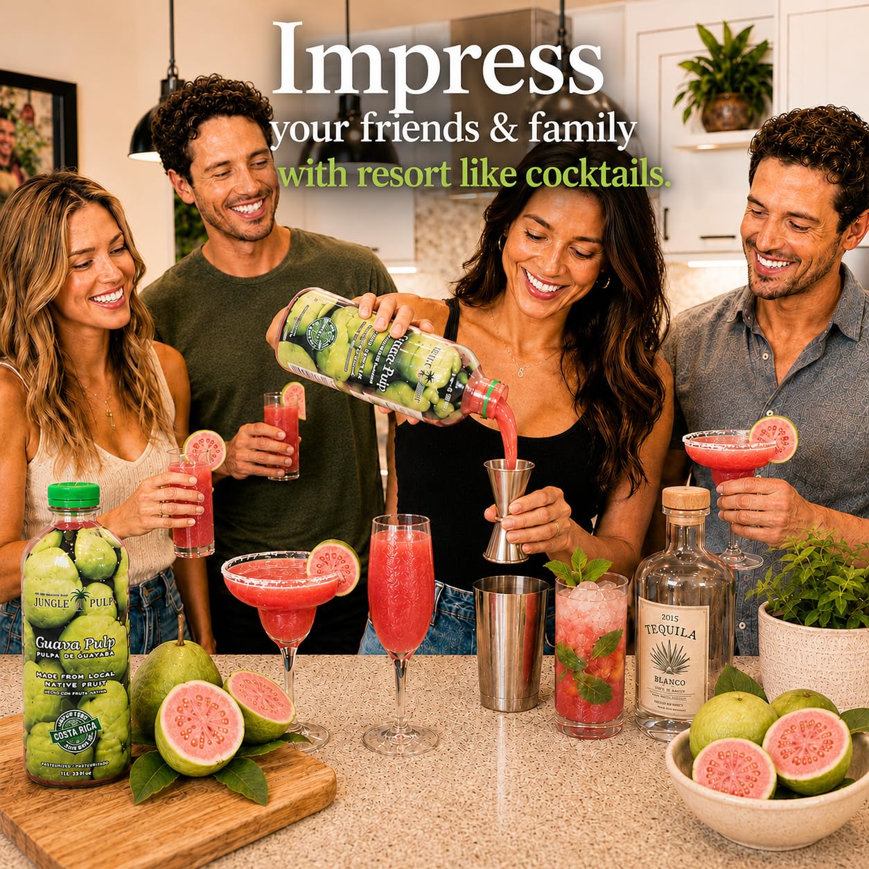 Jungle Pulp pouring guava puree into a shaker for vibrant cocktail flavor