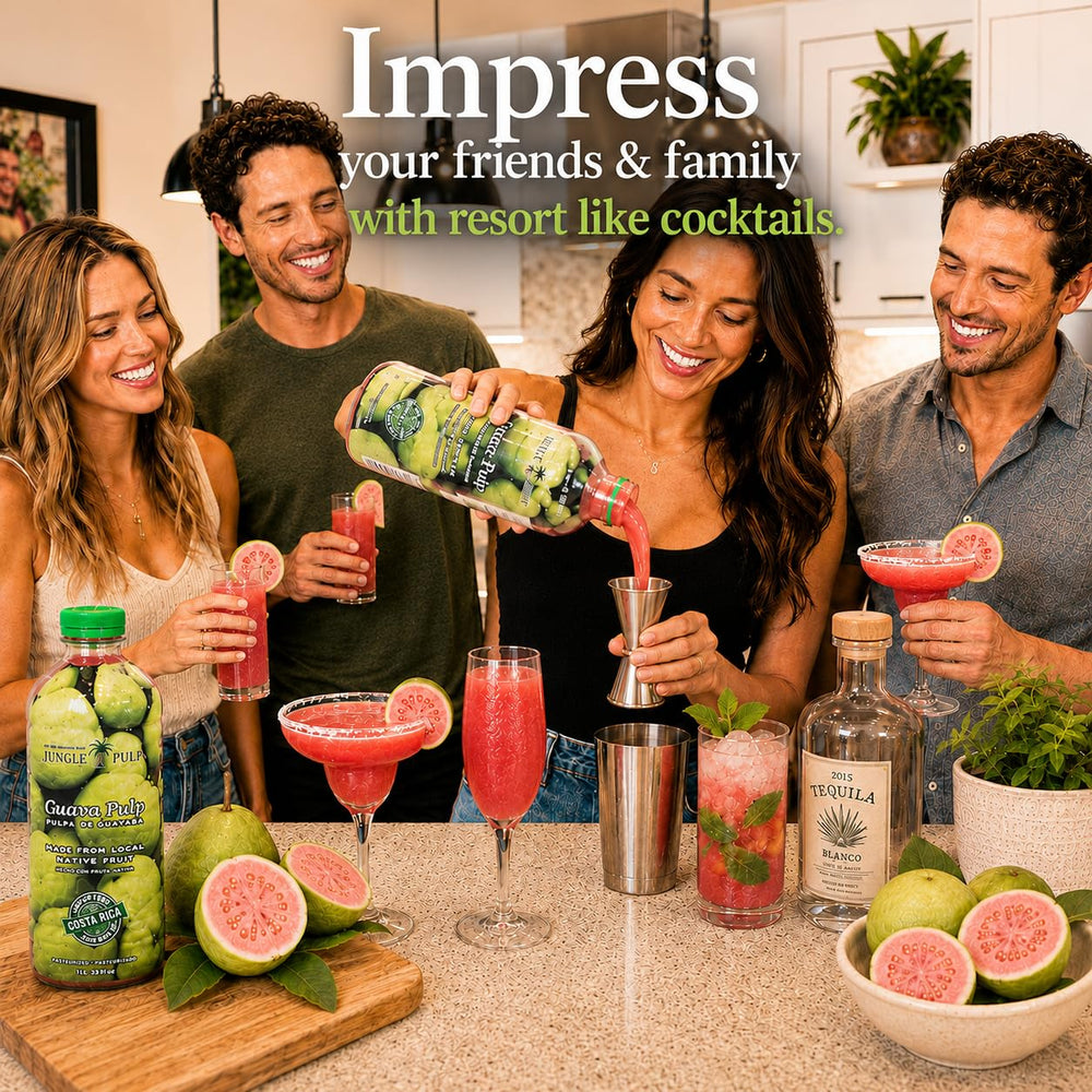 Jungle Pulp pouring guava puree into a shaker for vibrant cocktail flavor