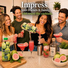 Jungle Pulp pouring guava puree into a shaker for vibrant cocktail flavor