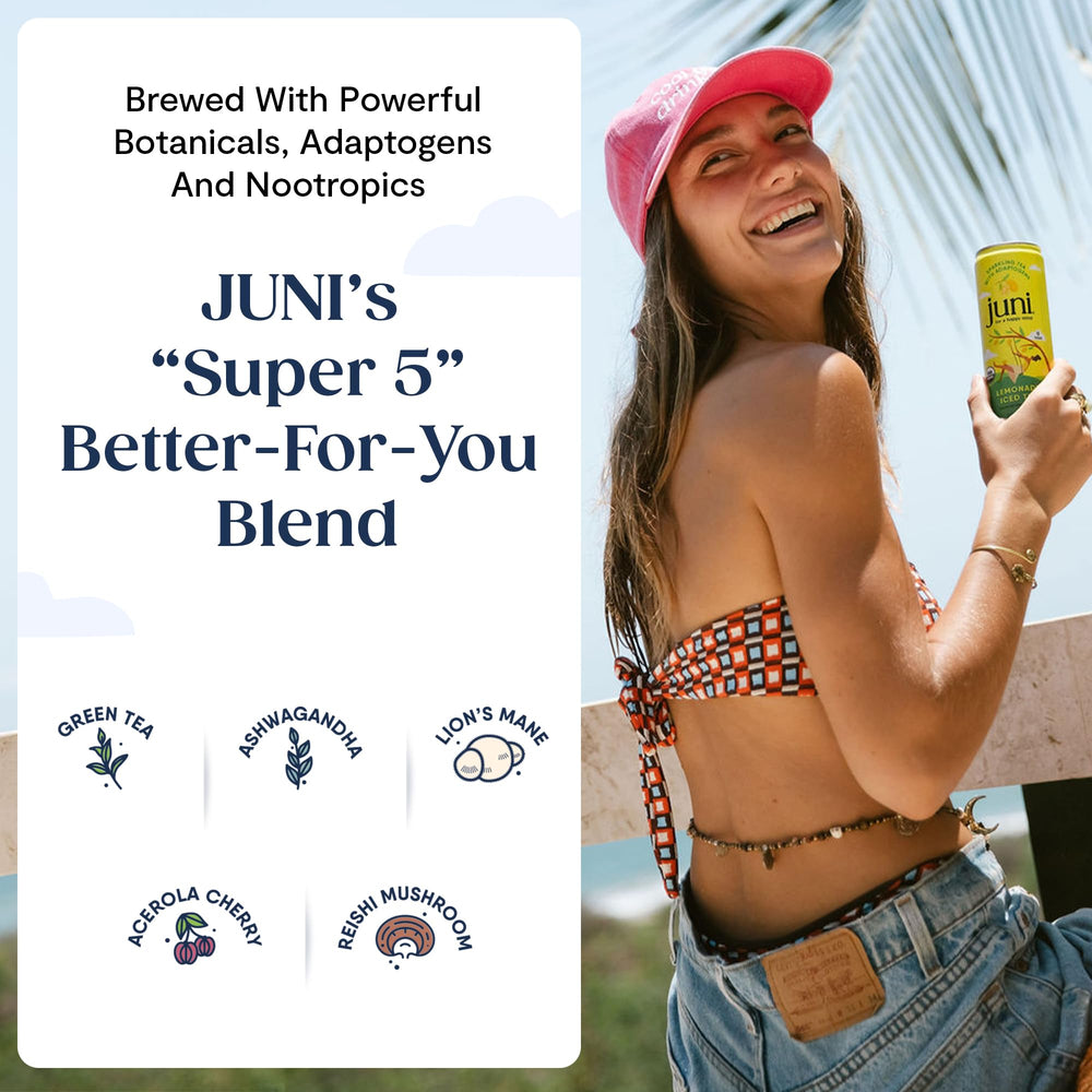 JUNI twelve-can variety pack arranged to show flavors and organic badge