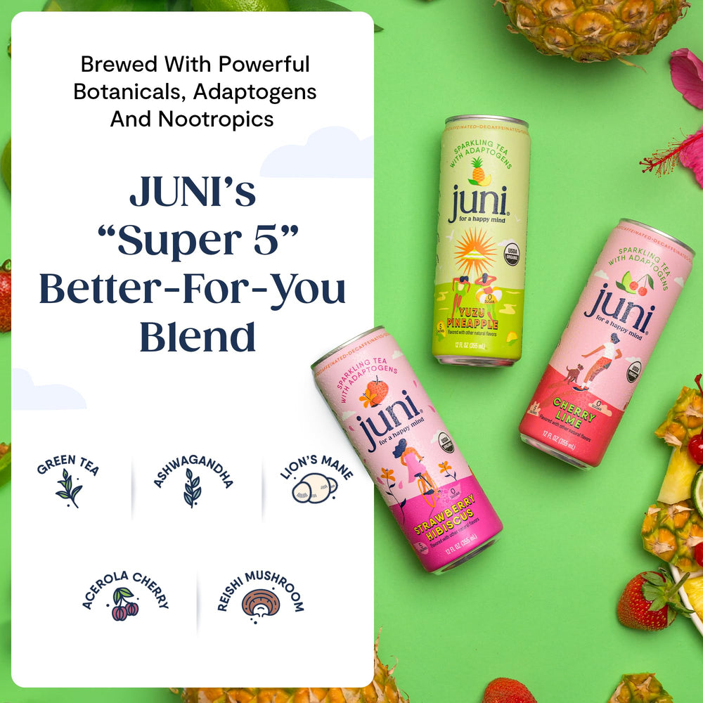 Juni cherry lime can close-up highlighting label and bright citrus appeal for low-calorie sip