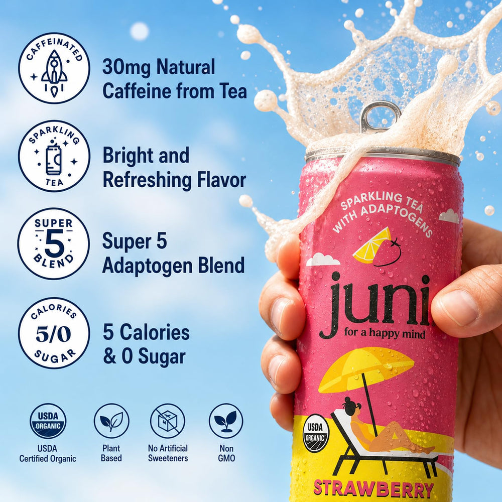 JUNI close-up bubbles on can rim highlighting crisp carbonation and freshness