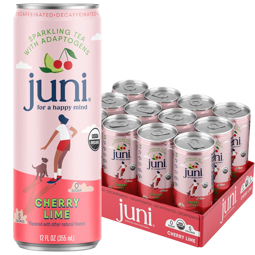 JUNI front packaging showing Cherry Lime 12-pack and branding benefit refreshment