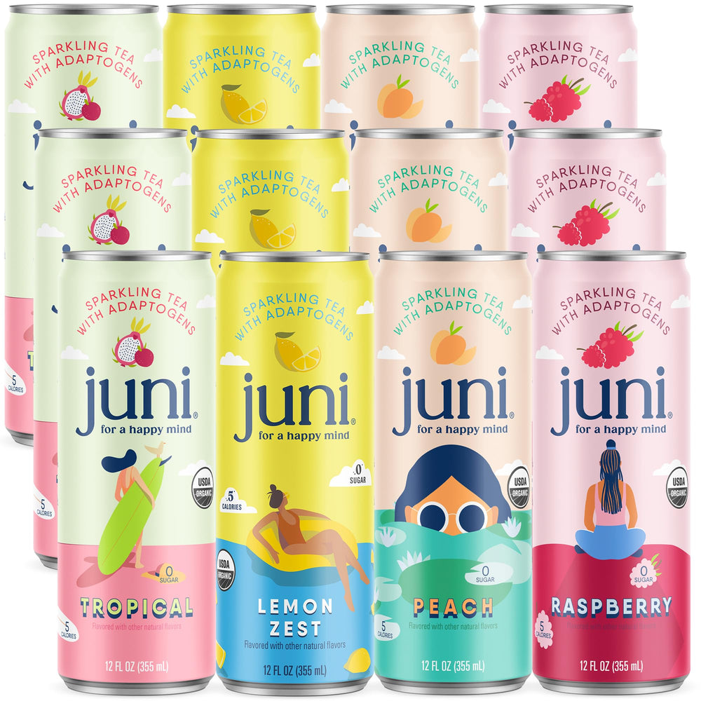 JUNI front pack shot showing all twelve cans and bold branding for clear product view