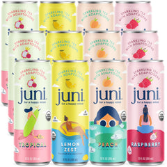 JUNI front pack shot showing all twelve cans and bold branding for clear product view