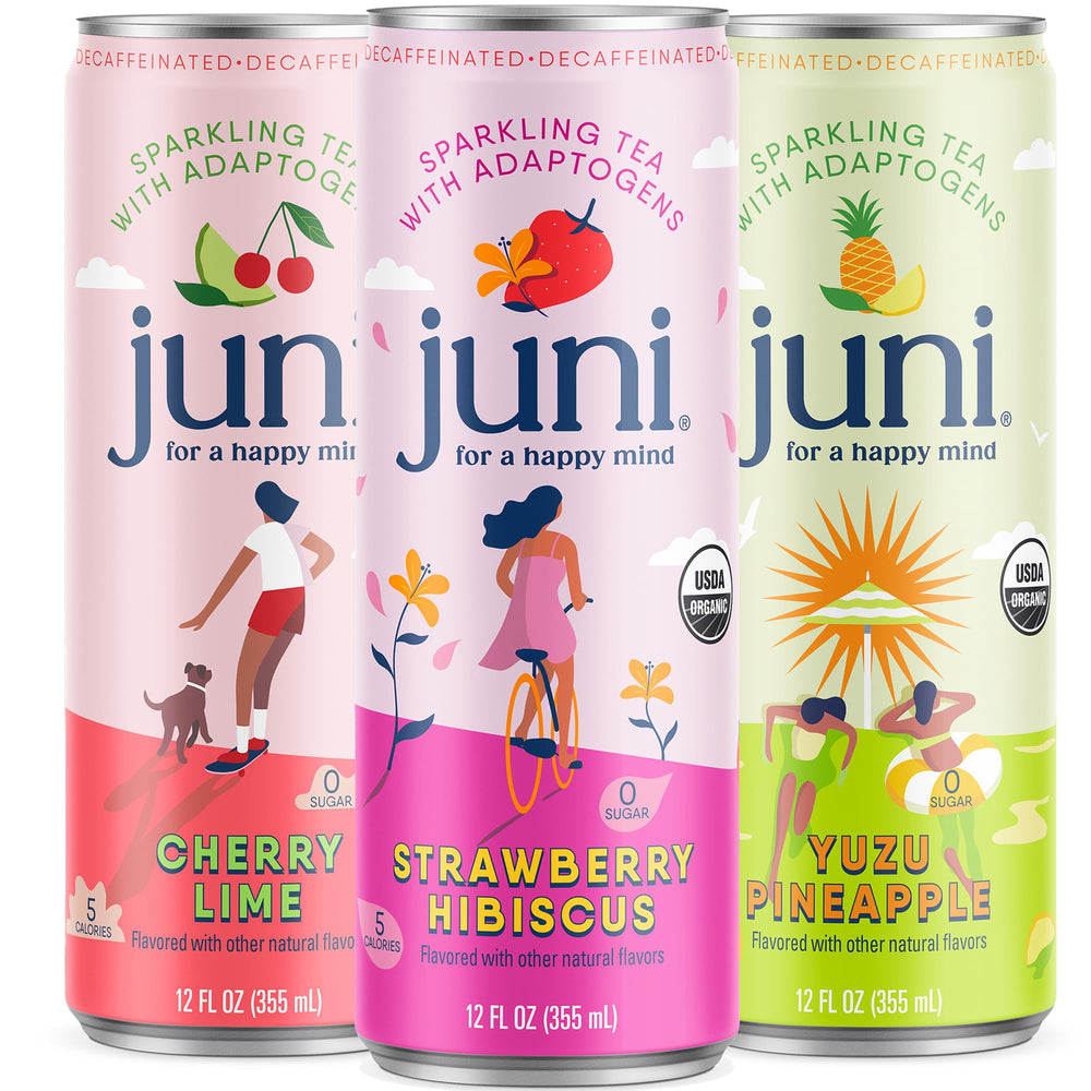 Juni front packaging of 12-can decaf variety pack showing three flavors and branding benefits