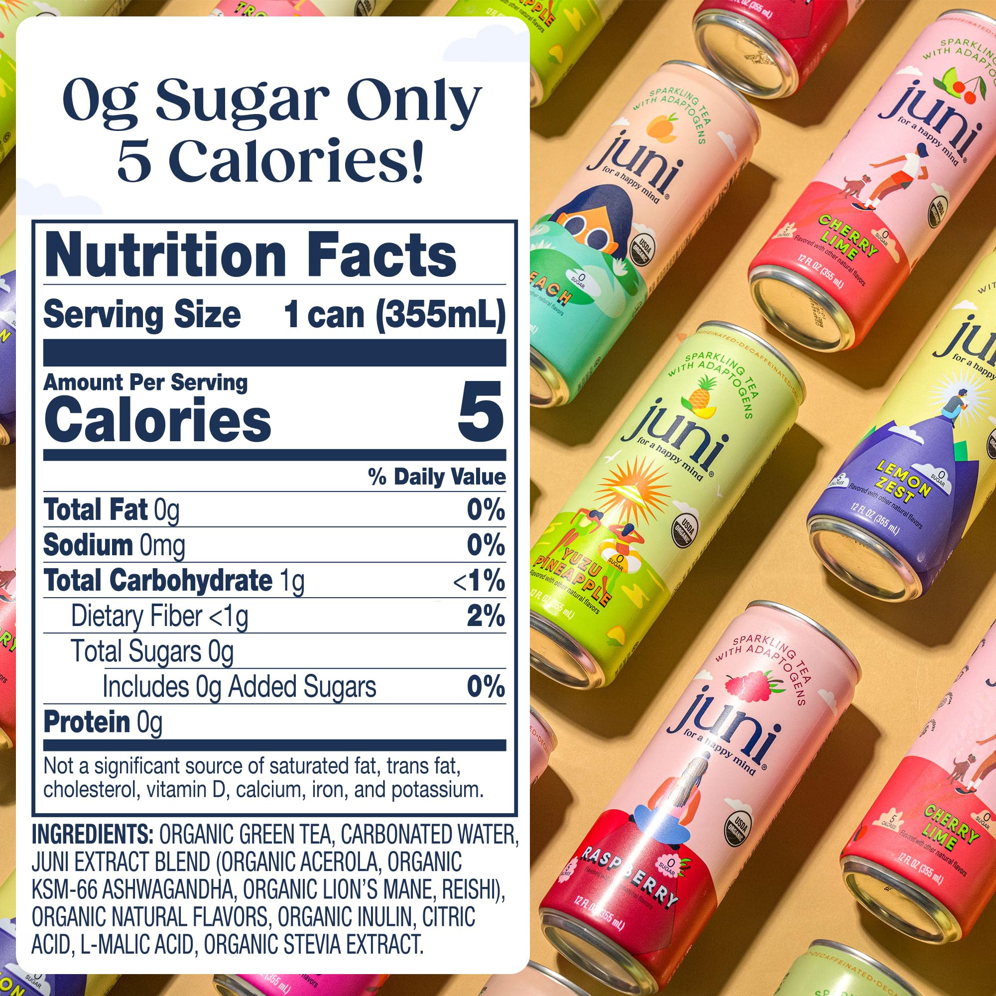 JUNI ingredient layout with adaptogens showing natural functional blend