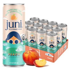 JUNI peach front packaging showing cans and branding for convenient refreshment