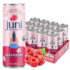 JUNI front can view showing raspberry flavor and zero sugar benefit