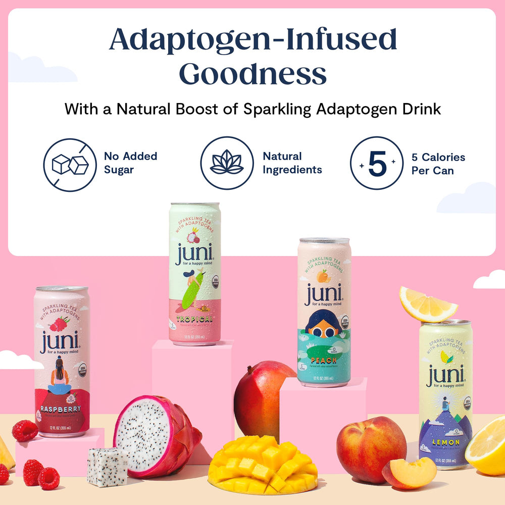 JUNI side label close-up highlighting organic adaptogen ingredients