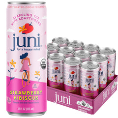 JUNI front can showing strawberry hibiscus flavor and branding, refreshing choice