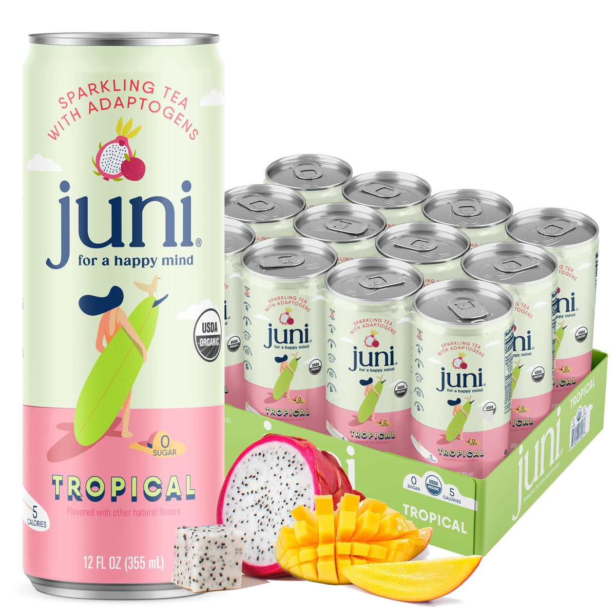 JUNI front packaging tropical 12-pack showing vibrant cans and brand benefit