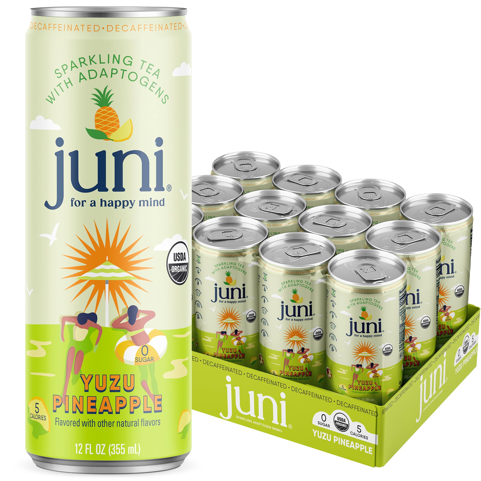 Juni front packaging showing 12-pack with bright yuzu pineapple label and refreshing benefit