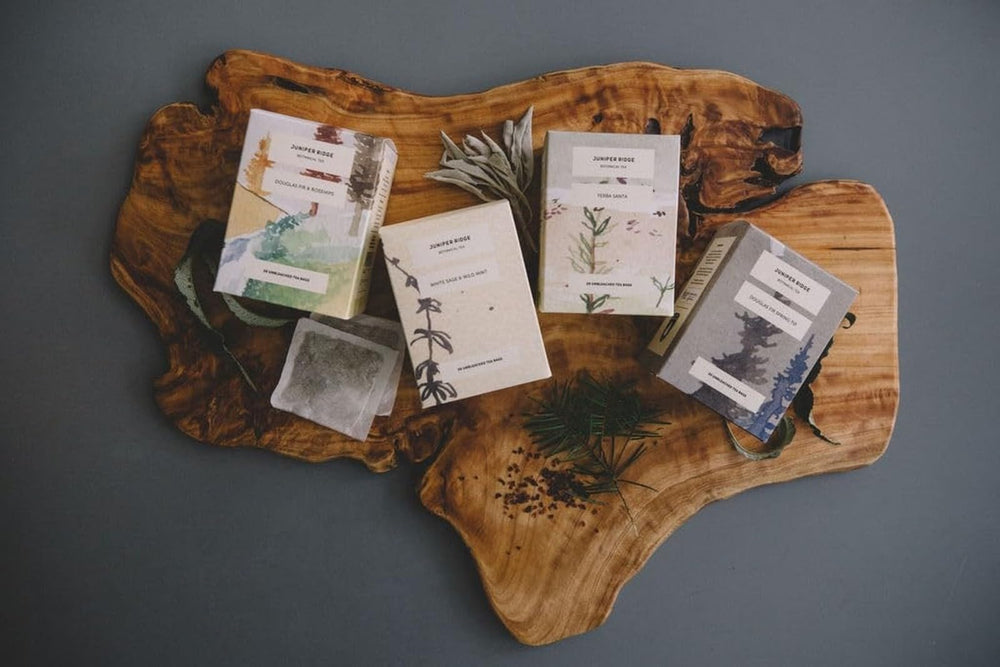 Juniper Ridge open box with teabags arranged to show package quantity