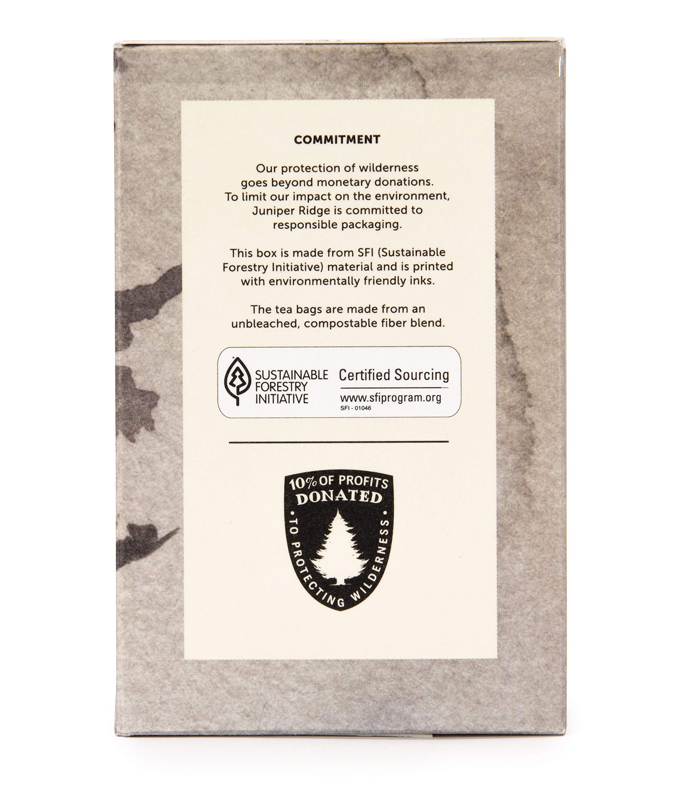 Juniper Ridge teabag wrapper detail showcasing unbleached material and label