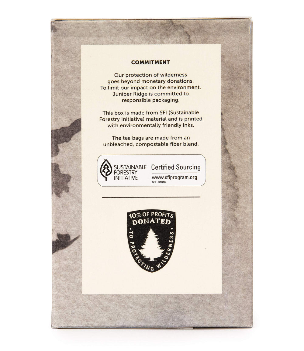 Juniper Ridge teabag wrapper detail showcasing unbleached material and label