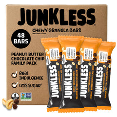 JUNKLESS front packaging showing peanut butter chocolate chip bars and bulk count