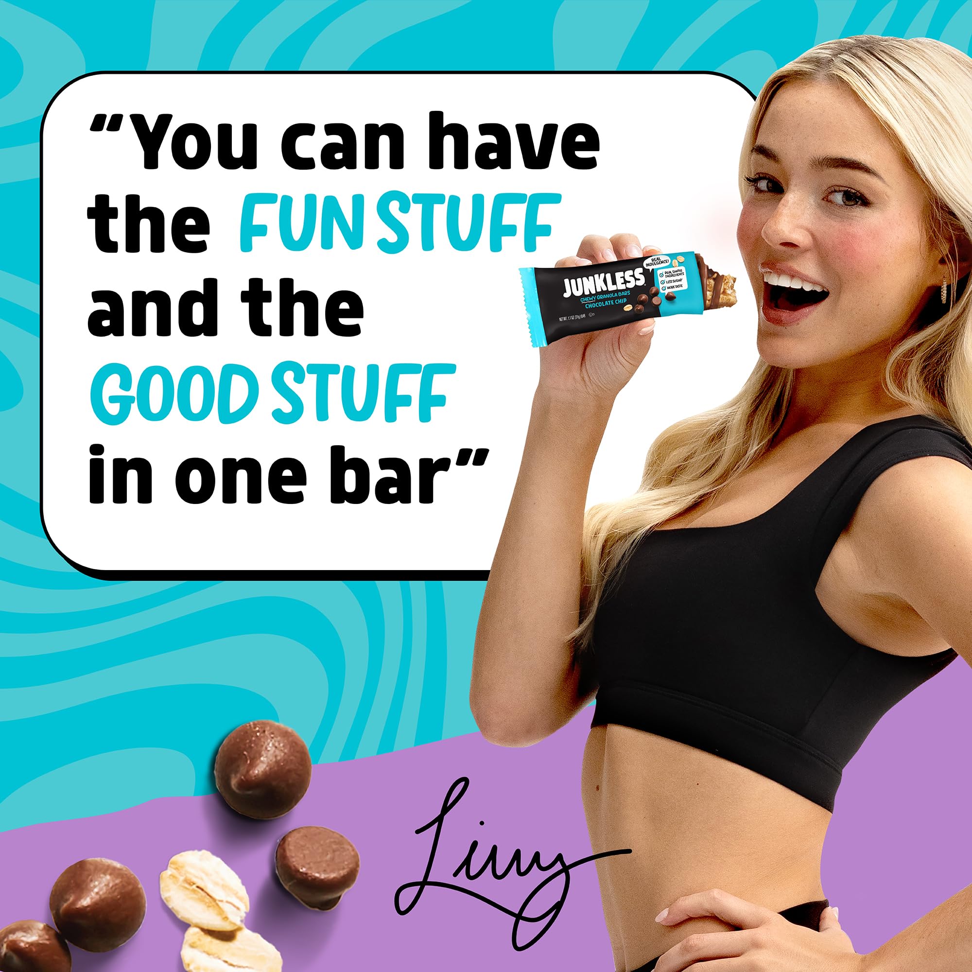 JUNKLESS bar in hand demonstrating portable snack size