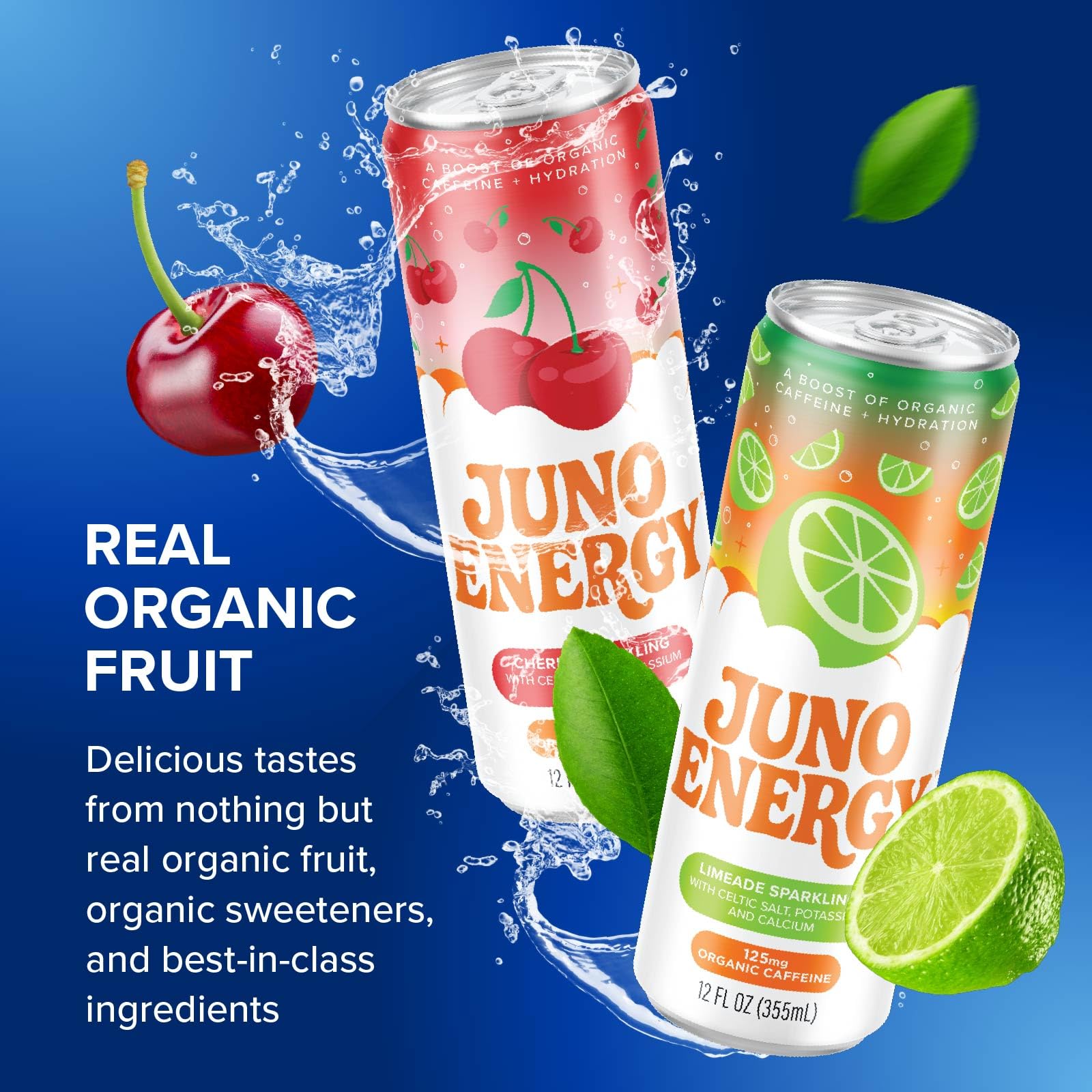 JUNO ENERGY cherry flavor close-up of liquid and bubbles, conveying tart and refreshing taste