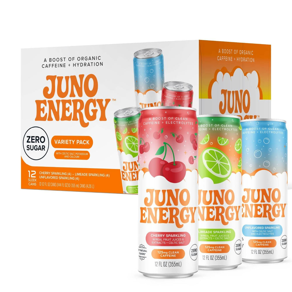 JUNO ENERGY front packaging showing variety pack and clean design, ideal for quick selection