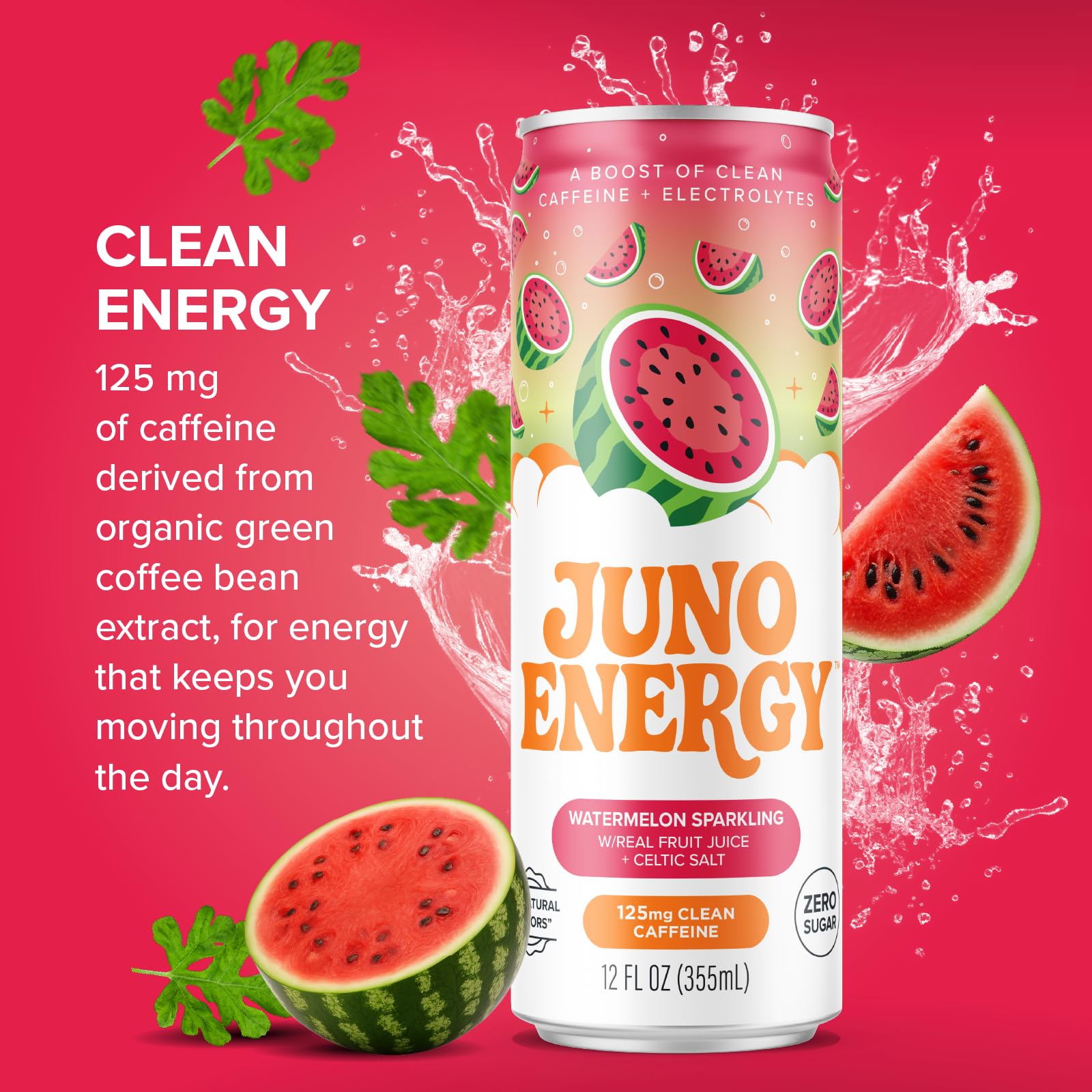 JUNO ENERGY can beside a coffee mug for scale, showing convenient 12 fl oz size
