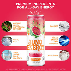 JUNO ENERGY opened can top with condensation indicating immediate refreshing drinkability
