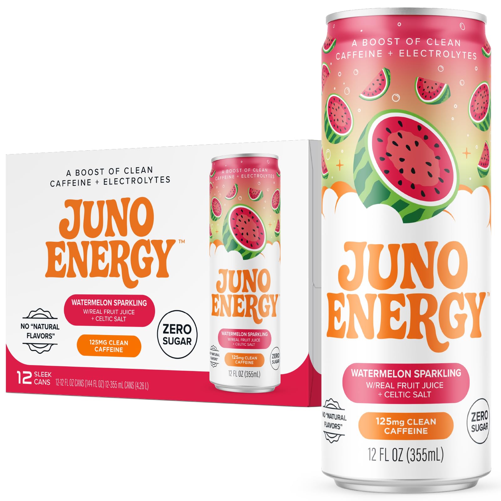 JUNO ENERGY front packaging showing watermelon can and brand for clear product recognition