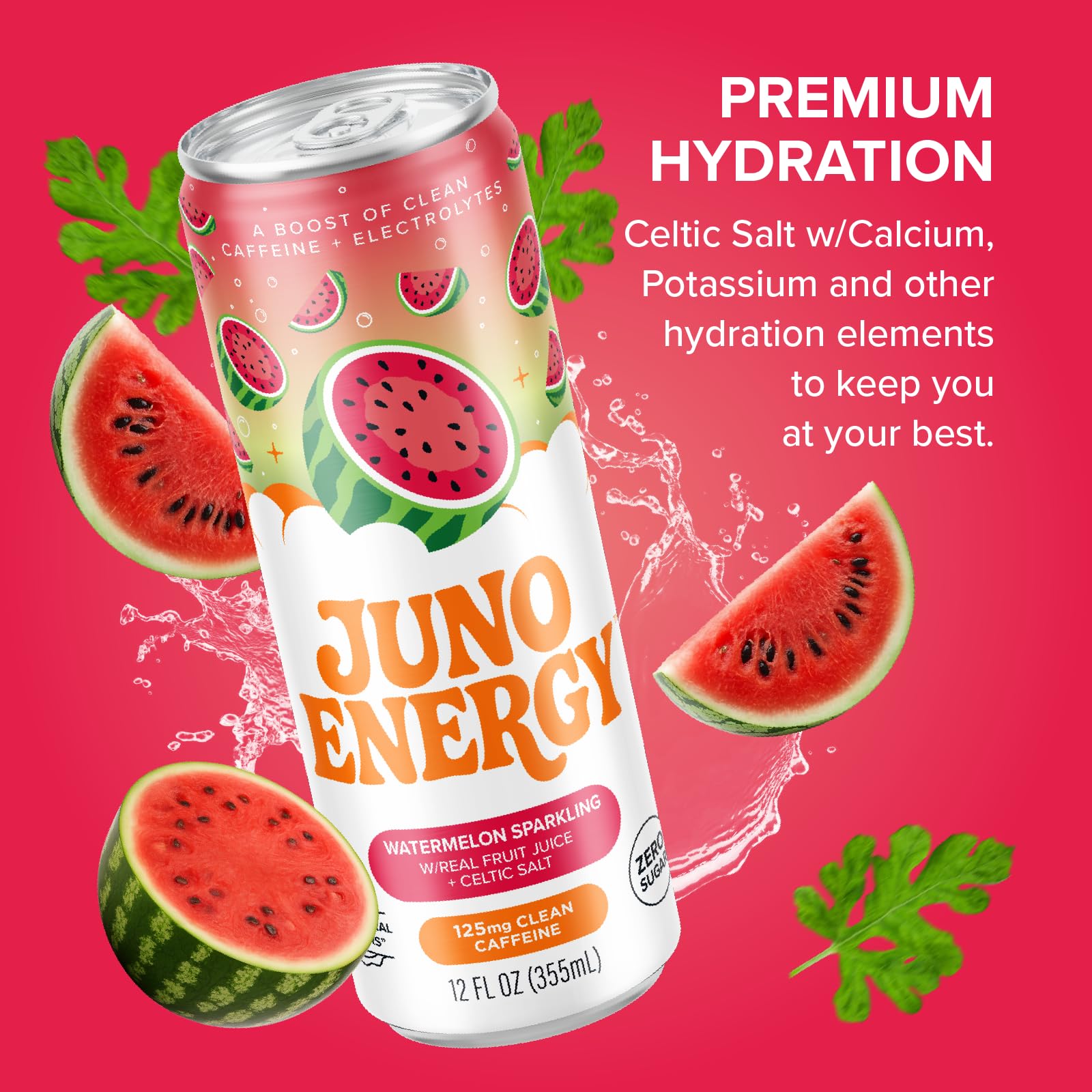 JUNO ENERGY label and ingredient list visible to show organic caffeine and electrolytes