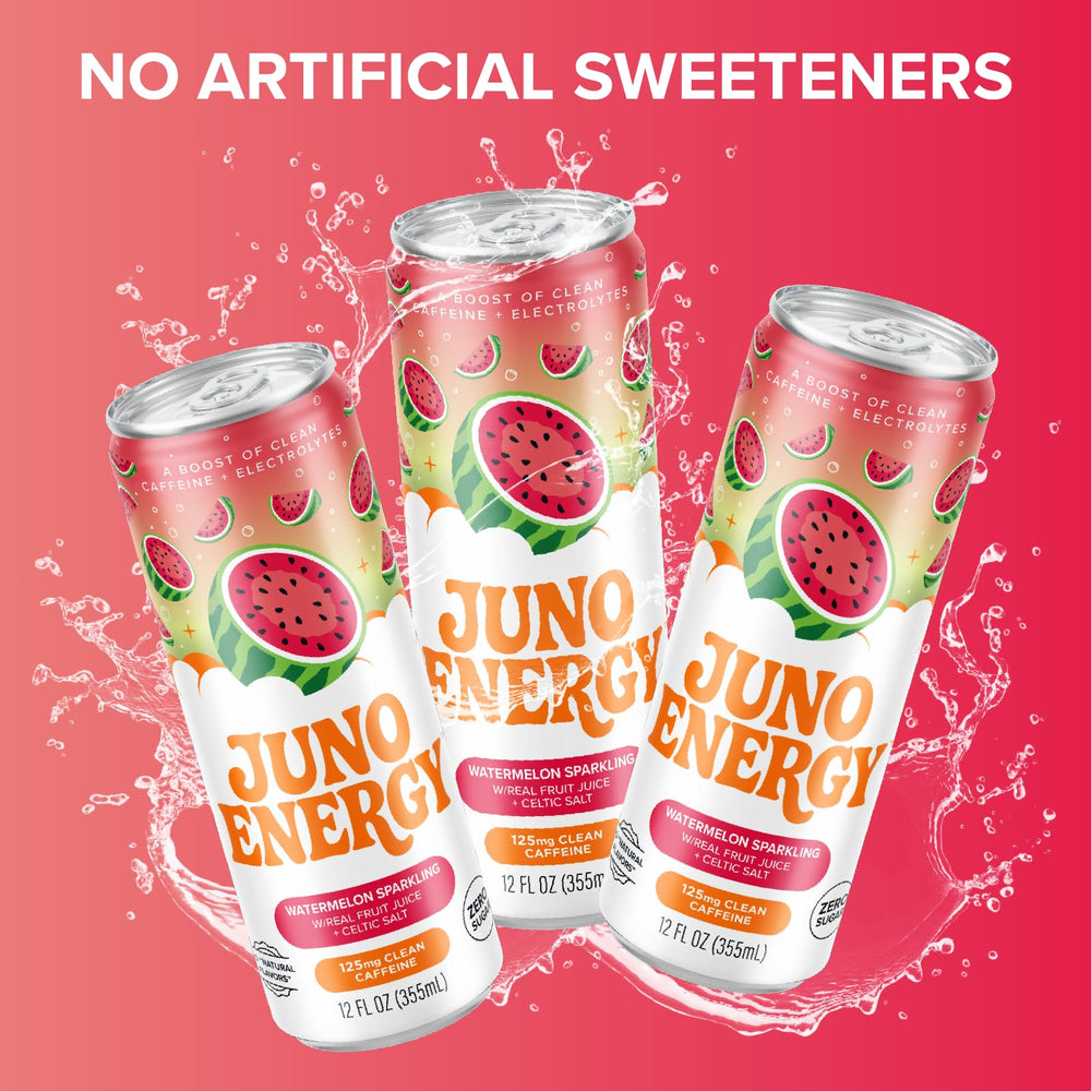 JUNO ENERGY pour with visible watermelon juice notes emphasizing natural flavor