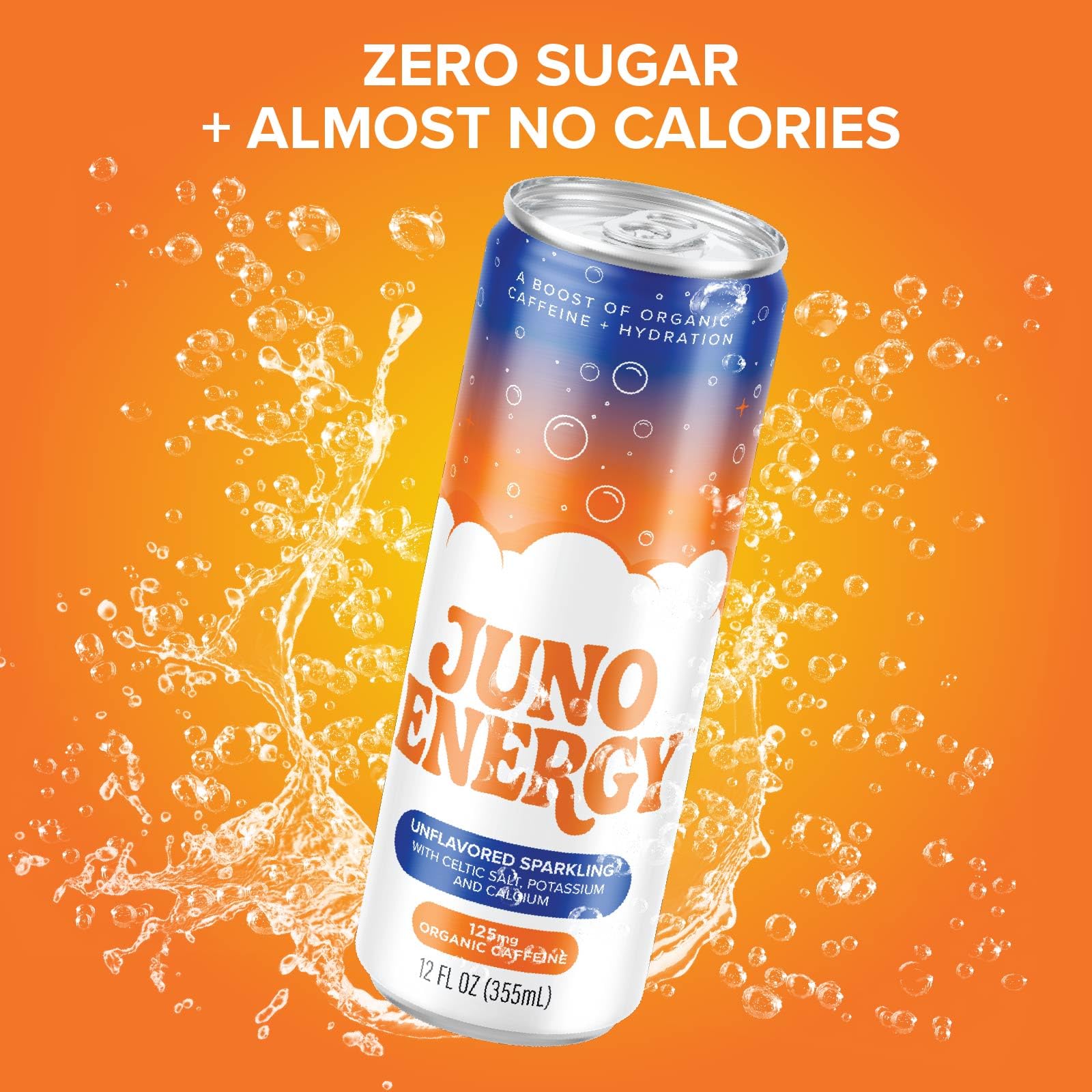 JUNO ENERGY poured into a glass with ice, demonstrating clarity and fizzy hydration