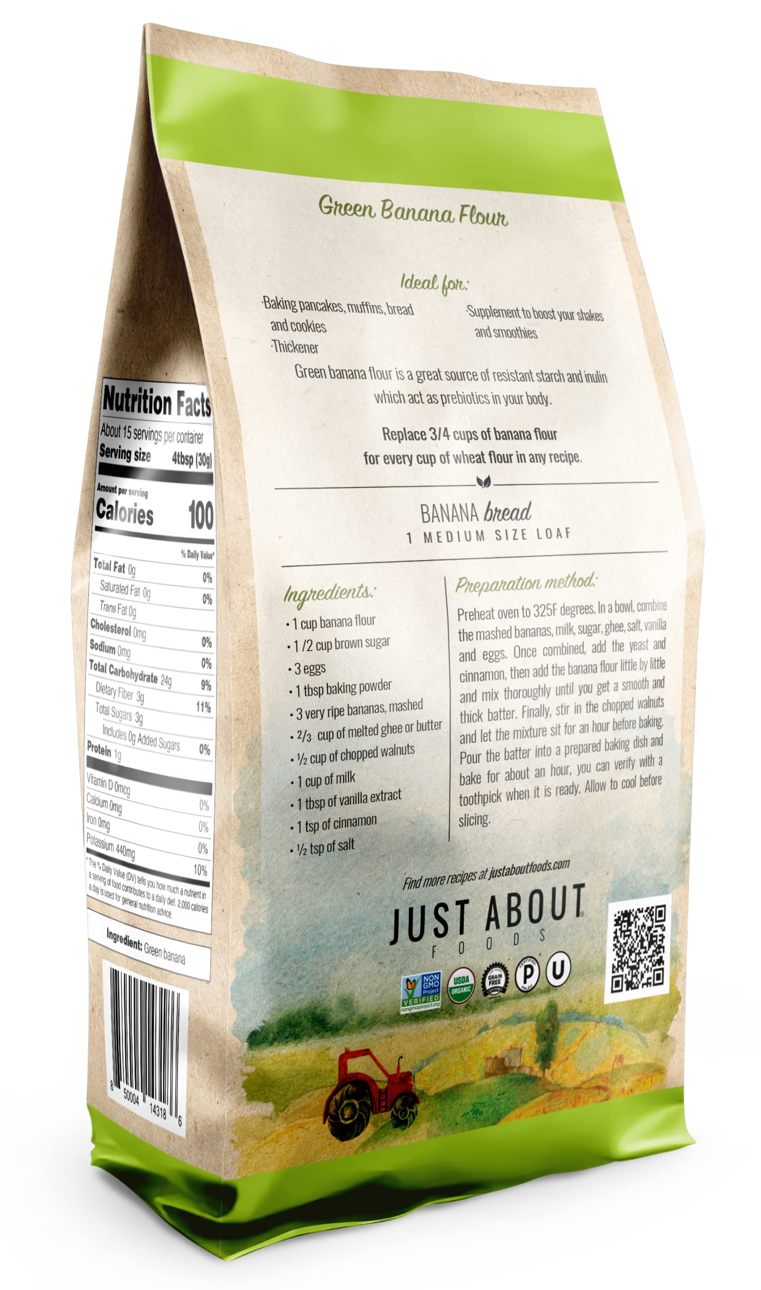 Just About banana flour pouch staged in a kitchen showing everyday use