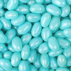 Just Candy close-up of light blue jelly bean texture highlighting chewiness