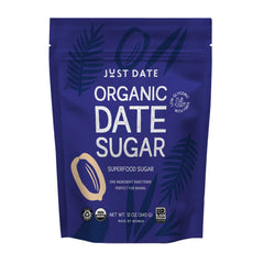 Just Date Syrup front box showing organic date sugar and benefits