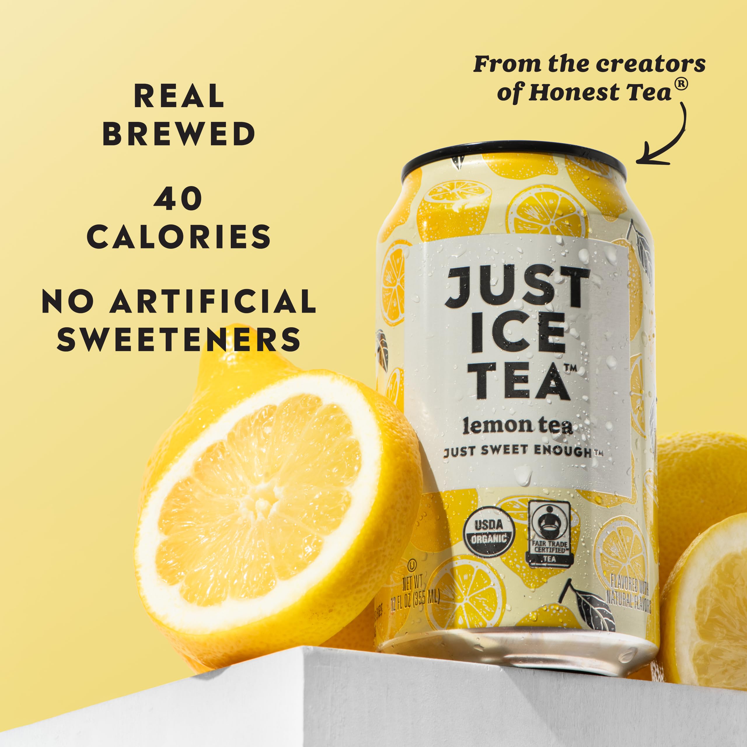 Just Ice Tea close-up of a 12oz can, highlighting label clarity and fresh-brewed claim
