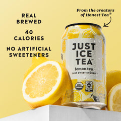Just Ice Tea close-up of a 12oz can, highlighting label clarity and fresh-brewed claim