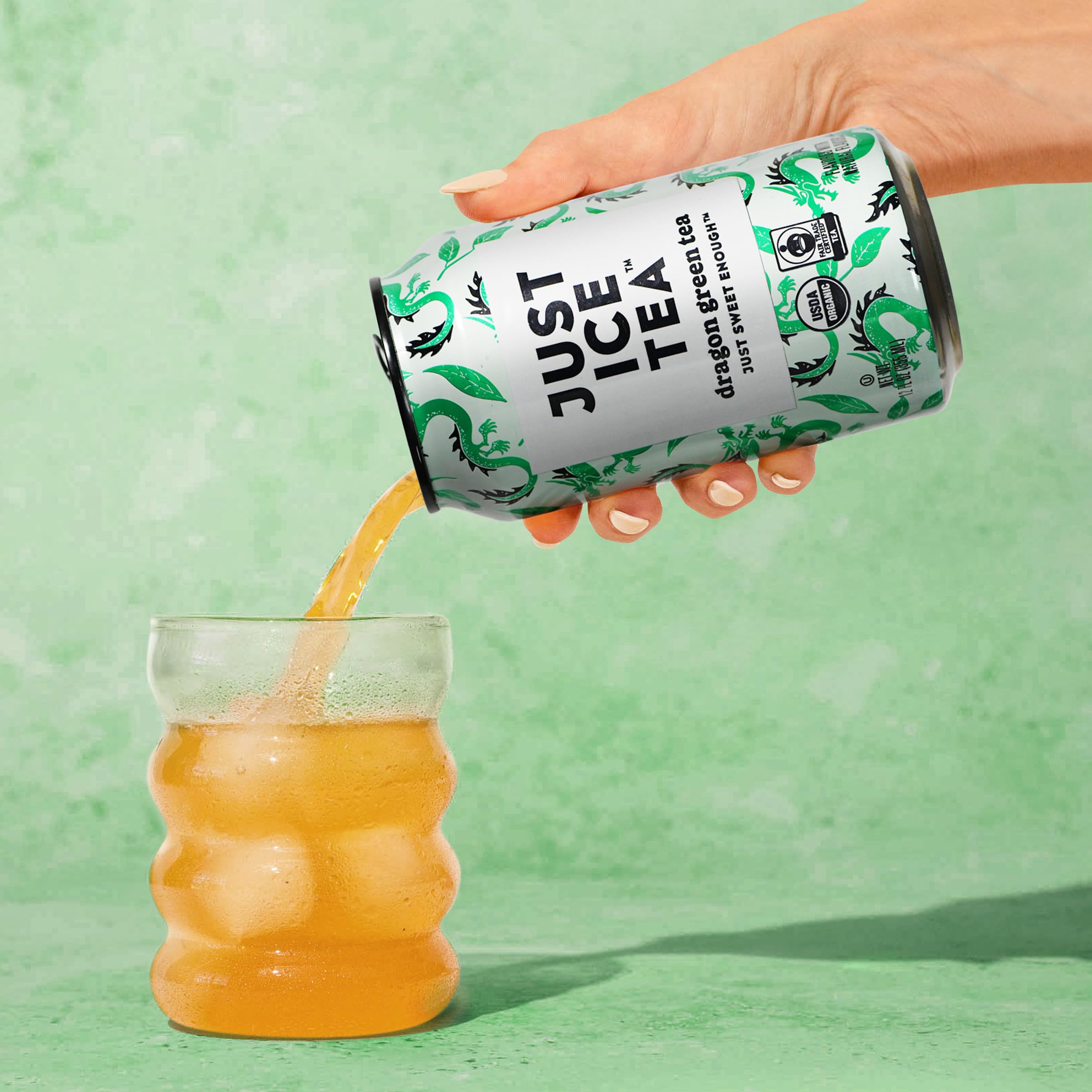Just Ice Tea cans neatly stored in fridge illustrating space-saving convenience