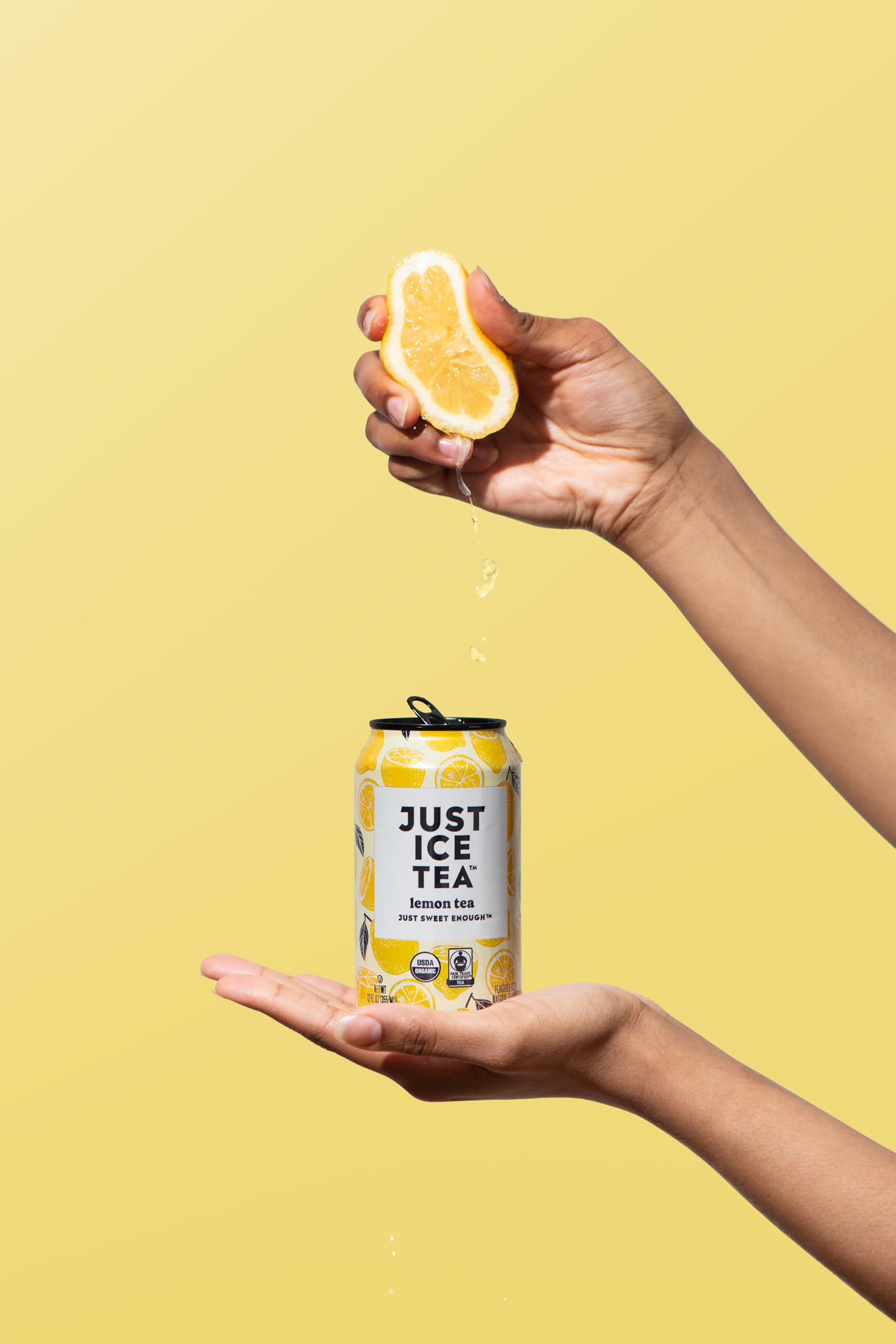 Just Ice Tea fair-trade certification seal on label, signaling ethical sourcing benefits
