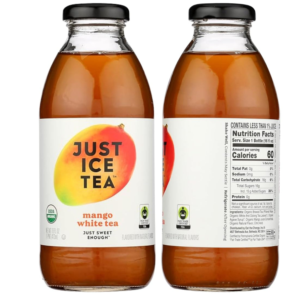 Just Ice Tea ingredient label close-up showing real brewed tea and clear contents