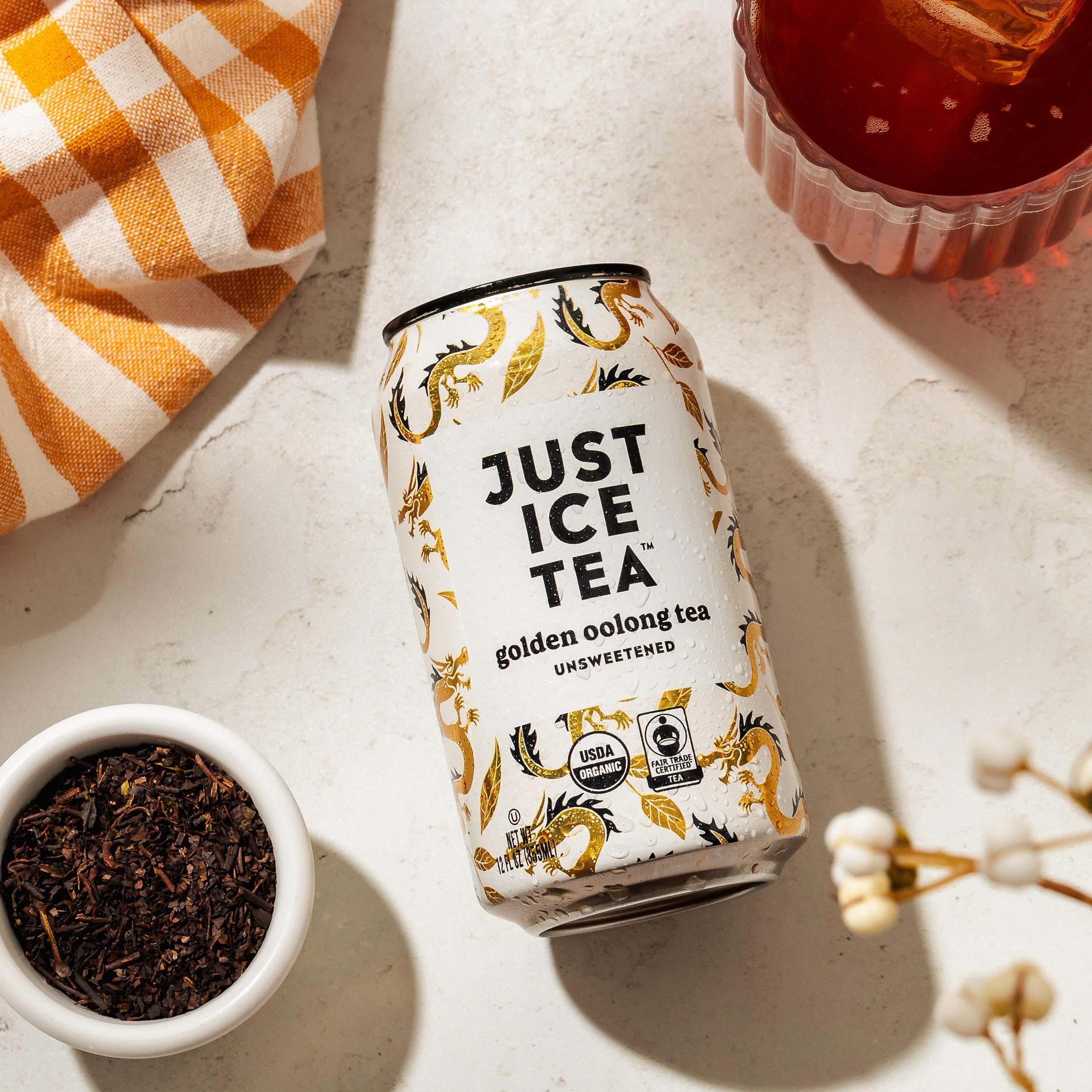 Just Ice Tea handpicked oolong leaves detail illustrating organic sourcing