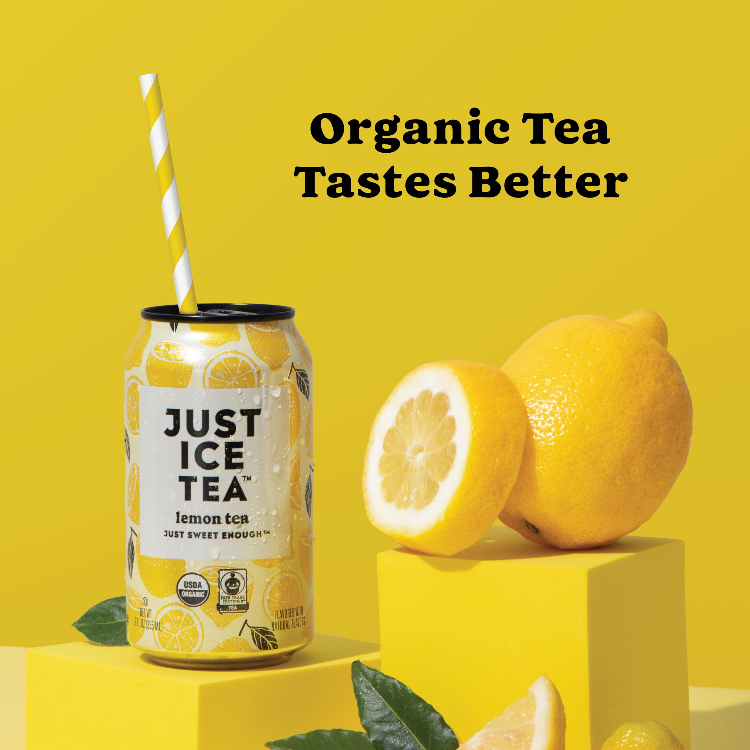 Just Ice Tea being poured over ice in a glass, showcasing refreshing citrus and chill